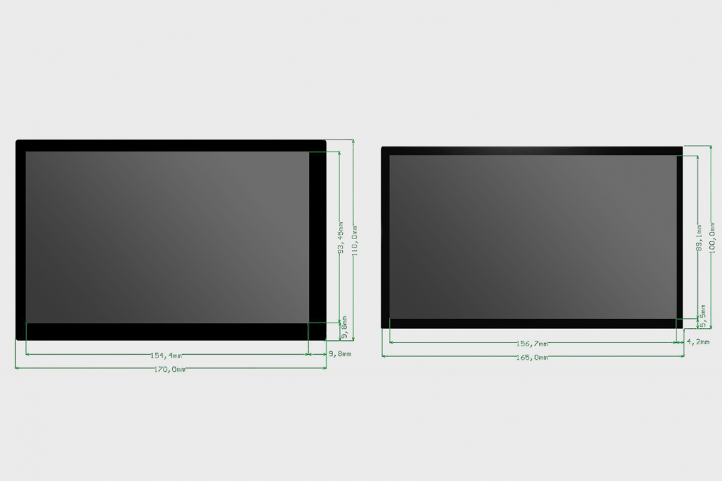 Two displays showing different sizes in bezels